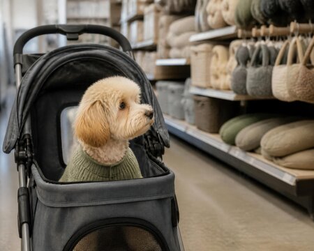 Small dog in stroller wearing green sweater inside home goods store aisle with soft furnishings