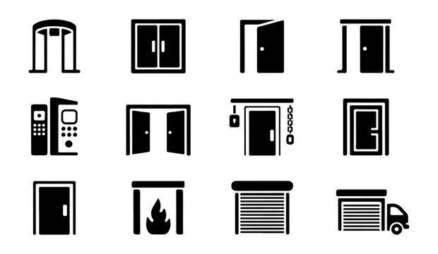 Door entrance exit black solid glyph graphic design flat vector icons set on transparent background.