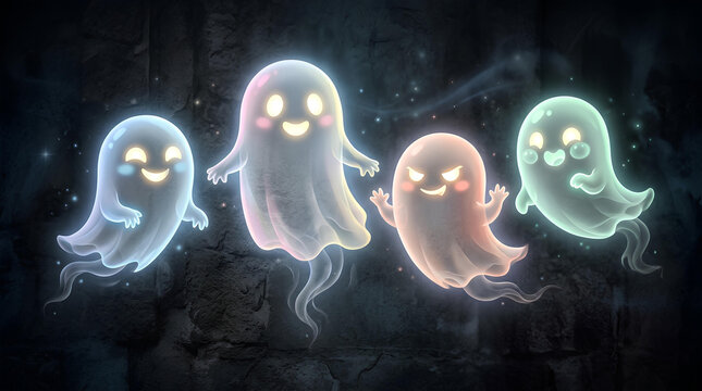Group of glowing cartoon ghosts floating.