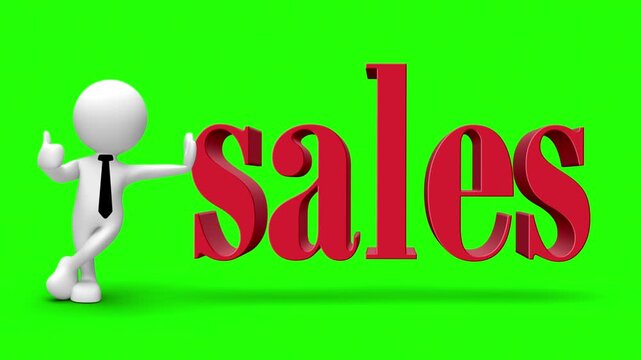 3D animated figure confidently leaning against bold, red sales text, symbolizing business growth and a proactive professional approach. 4k stock animation video on a green screen background.