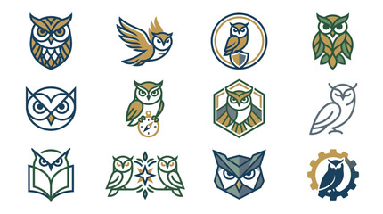 Modern outline owl icons and brand marks set.