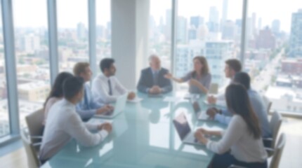 Fototapeta premium Blurred business meeting in conference room with team of professionals sitting around table during presentation with city skyline view through large windows for corporate success theme