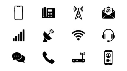 Obraz premium Telecommunication device icons set with modern flat design featuring smartphone, tablet, laptop, headset, and router with 3D isometric style and wireframe outlines