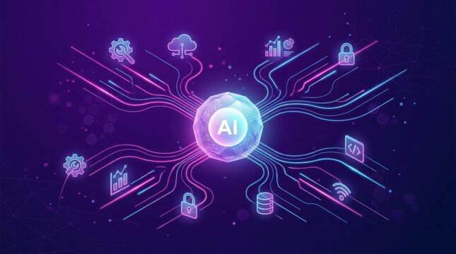 Artificial intelligence network diagram with digital icons on dark background