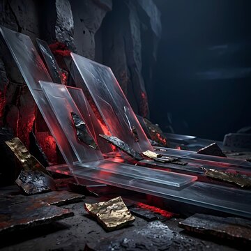 Futuristic transparent glass panels on dark rocky cavern background with red lighting