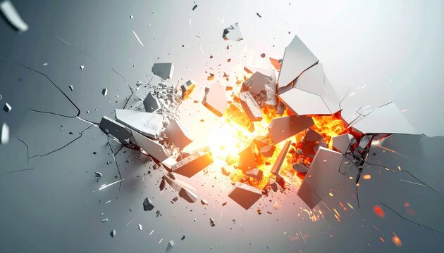 Explosion of concrete blocks with bright light and debris.