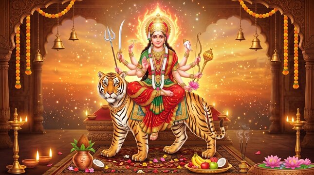 Goddess Durga Riding Tiger with Sunrise Background for Navratri and Durga Ashtami Festival Banner