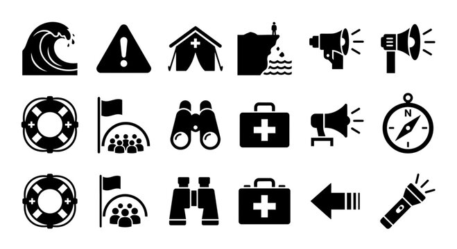 Set of emergency and disaster relief vector icons.