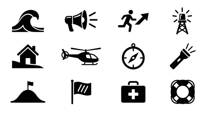 Set of black disaster and emergency rescue vector icons.