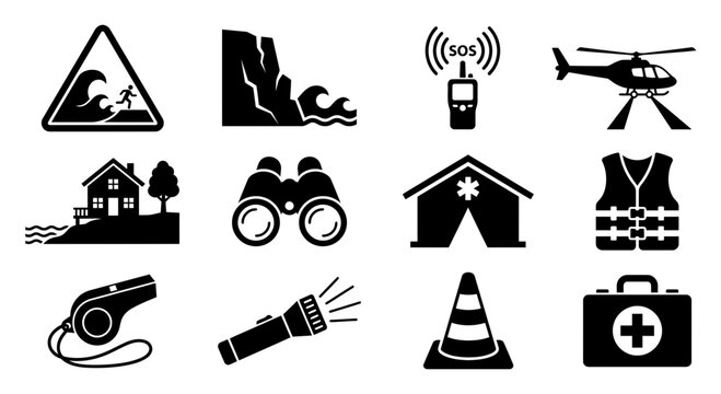 Set of black disaster emergency relief and rescue icons.