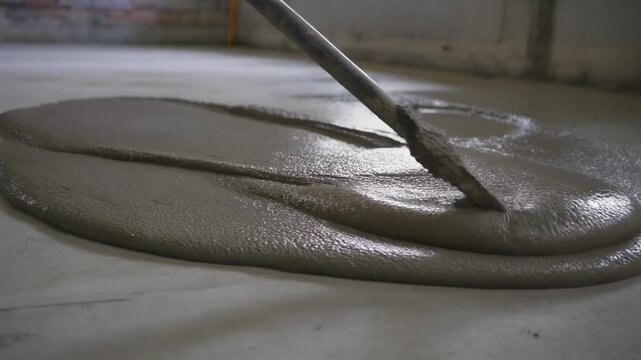 A construction worker uses a metal rake to smooth wet concrete on a floor surface.
