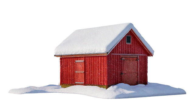 Selective focus backyard shed with heavy snow isolated on transparent or white background