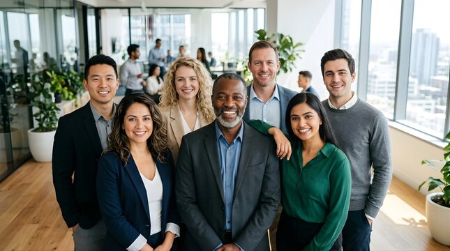 Diverse Professional Team Smiling Together in Modern Office Environment