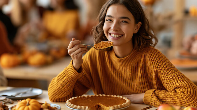 Young adult woman eating pie in kitchen with smiling face and autumn food scene