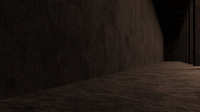 Liminal space with dark corridor, empty interior, windowless wall, shadowed floor, minimal architecture, mysterious atmosphere