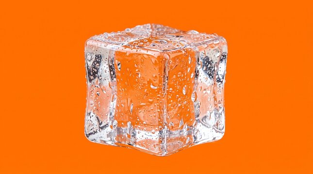 Close-up of a clear ice cube on orange background