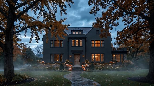 Grand dark colonial house decorated with glowing autumn pumpkins and golden string lights during a foggy blue twilight evening scene