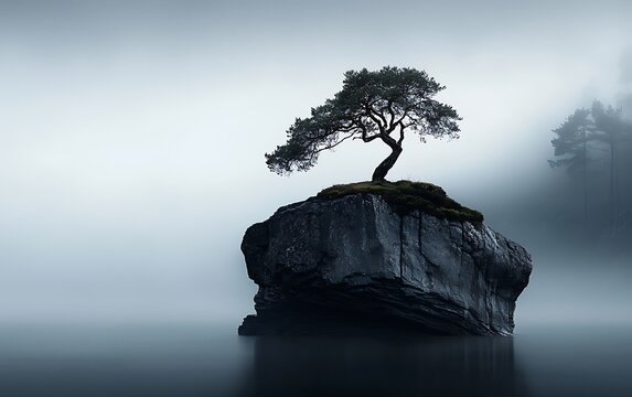 Solitary tree atop rock, enveloped in mist. Serene, isolated, and ethereal
