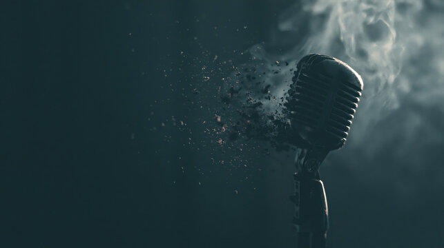 Vintage microphone dissolving into smoke with dark dramatic lighting and particle scatter, sound concept, creative art, music studio, performance, retro style, isolated background