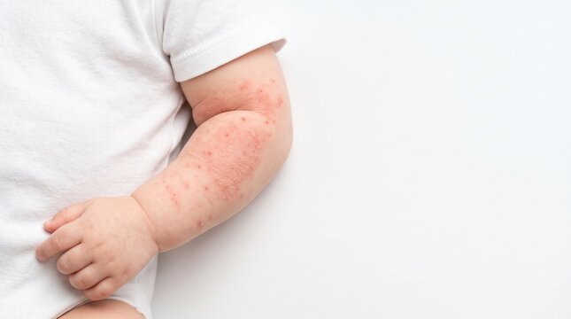 Close Up Atopic Dermatitis Eczema Rash on Baby Arm Isolated on White Background