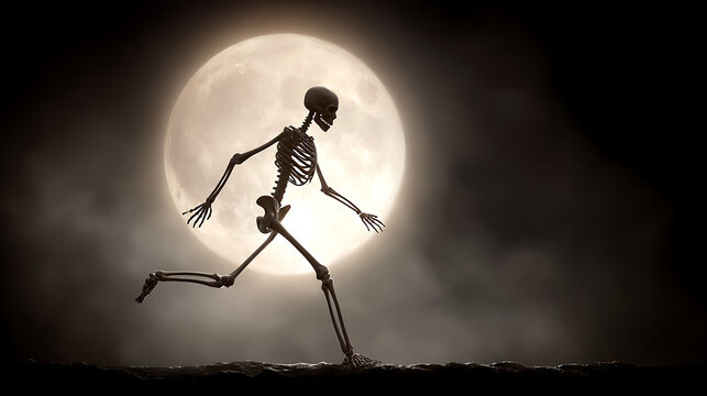 Human skeleton in front of full moon 