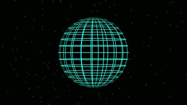 Wireframe sphere globe rotating animation on black background. Turning white grid sphere showing spinning. Dust particles line flowing curved creating glob ball. Rotating futuristic round shape loop.