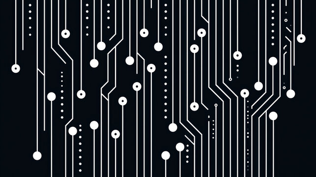 Abstract network circuit pattern, white line on black background, digital technology, minimal design, modern texture