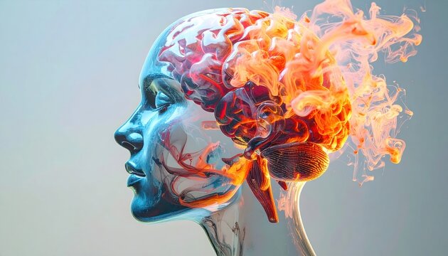 Conceptual brain inflammation art - Head profile with fiery brain explosion.