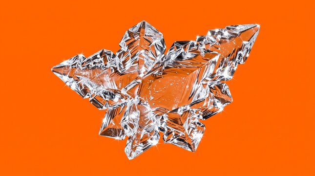 Close-up of a clear ice shard on orange background