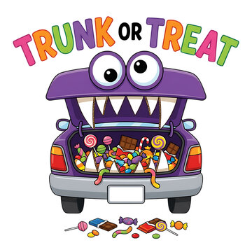 A cute purple monster car decorated for a trunk or treat Halloween community event celebration.