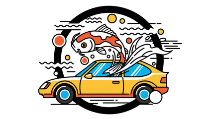 Naklejka premium Koi fish jumping out of yellow car