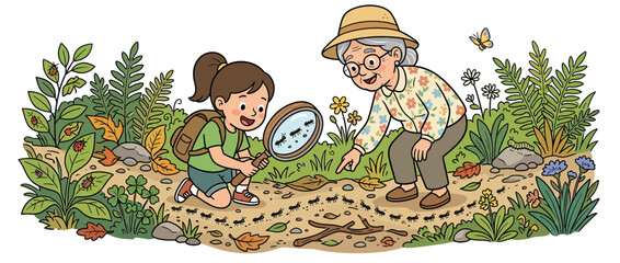 Girl and Grandmother Observe Ants with Magnifying Glass