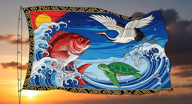 Ornamental flag with sea animals and waves against a sunset sky