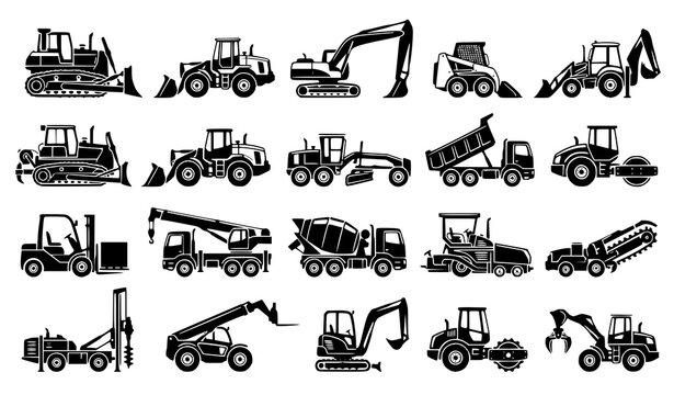 Heavy Construction Machinery Bulldozer Loader Excavator Black Silhouette Vector Set