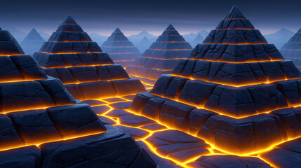 Fototapeta premium Ancient stone pyramid landscape with glowing lava lines in wide aerial view, surreal dusk scene