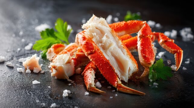 Freshly cracked crab legs with succulent white meat, garnished with parsley and sea salt on a dark surface.