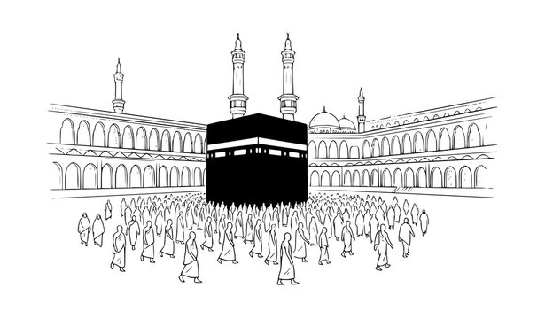 Makkah Kaaba Grand Mosque Pilgrimage Tawaf Sketch Black Line Vector