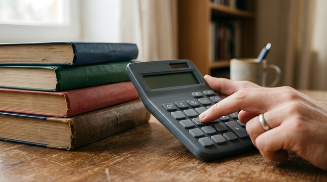 Person using calculator on wooden desk with books for financial planning