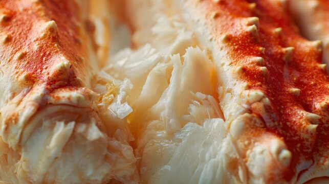 Close-up image of succulent, cooked king crab legs showcasing white flaky meat and vibrant orange shell.