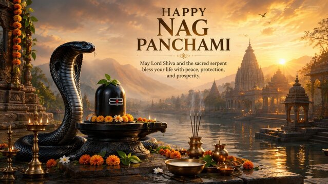 Happy Nag Panchami Festival with Cobra and Shiva Lingam at Sunrise Temple