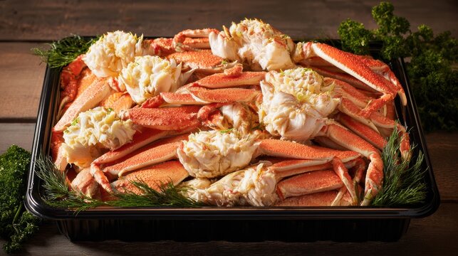 Fresh cooked crab legs in a black tray garnished with herbs on a wooden surface, ready to serve.