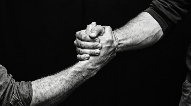 Closeup of two men shaking hands in a firm grip, symbolizing partnership, trust, support, and cooperation against a black background