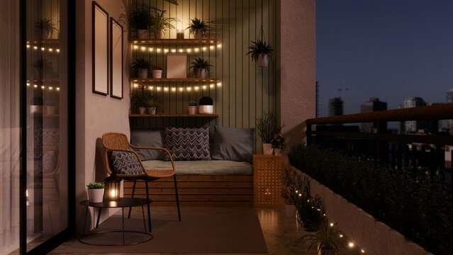 3D Illustration of a Cozy Decorated Balcony at Night with String Lights, Plants, and Rattan Furniture