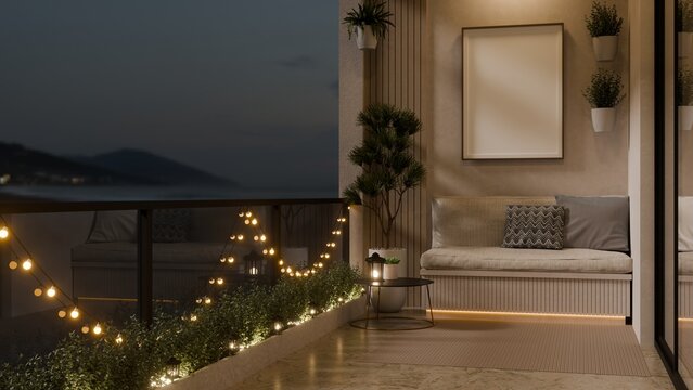 Modern Luxury Balcony Terrace at Night with String Lights and Cozy Seating Area 3D Illustration
