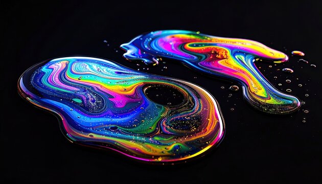 Large iridescent fluid pools with rainbow light reflections.