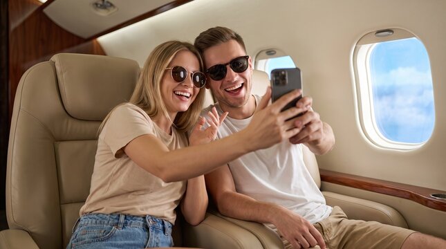 Happy tourist taking a selfie inside an airplane, cheerful young couple enjoying summer vacation, joyful travel atmosphere