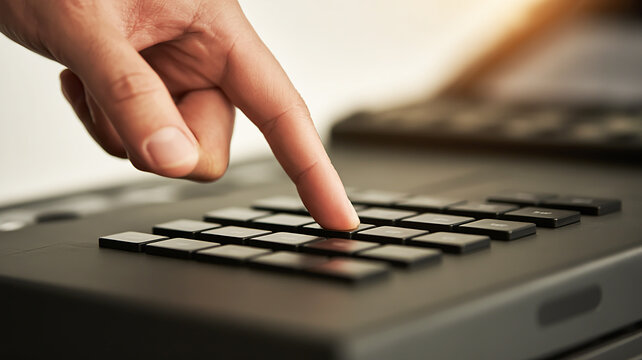 Close-up of a person's index finger pressing a number on a keypad of a device, suggesting communication or data entry