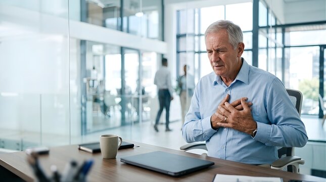 Senior businessman experiencing chest pain while working in an office