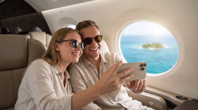 Happy tourist taking a selfie inside an airplane, cheerful young couple enjoying summer vacation, joyful travel atmosphere