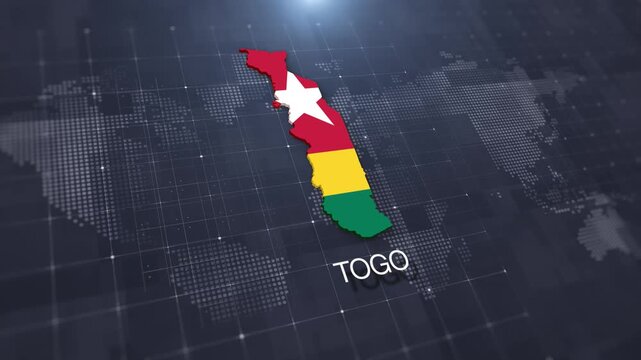 Togo map with national flag on digital world map background, geographic border, global political and international news concept